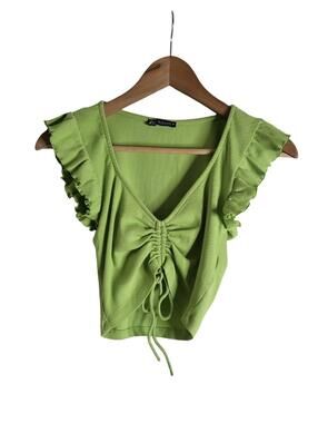 Zara Green Ruffle Ribbed Cinched Front Detail Crop Top Size Small